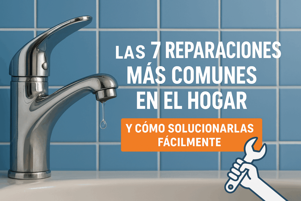 Infografía sobre las 7 reparaciones más comunes en el hogar en Bilbao y Bizkaia: grifo goteando, pared con grietas, enchufe y bombilla.